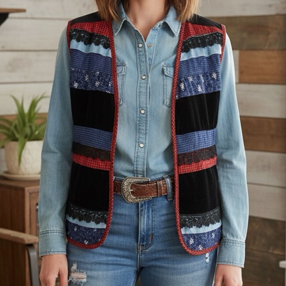 Coldwater Creek Velvet Gingham Tiered Lace Holiday Country Western Vest XL